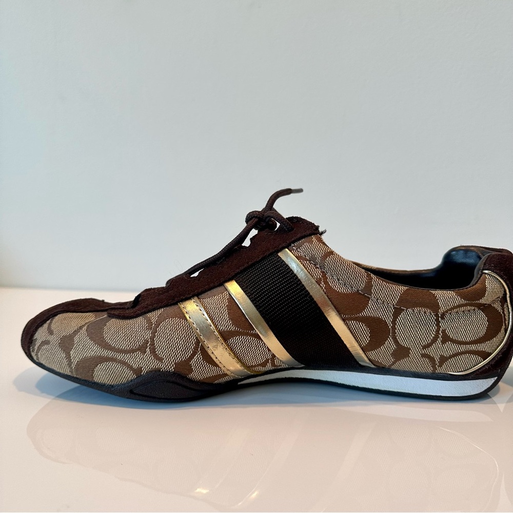 LIKE NEW Coach Women's Brown and Gold suede signature logo sneakers, Size 8 - Picture 8 of 12